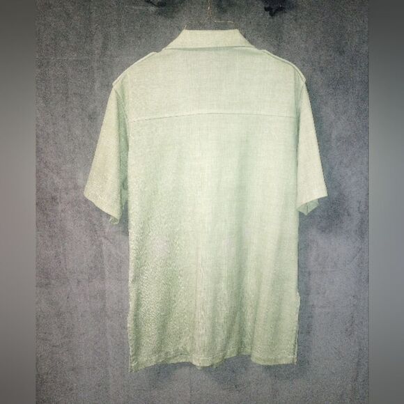 Vintage 70s Green Dagger Collar Zip Front Short Sleeve Shirt Size Medium P2P 22 - Picture 8 of 12